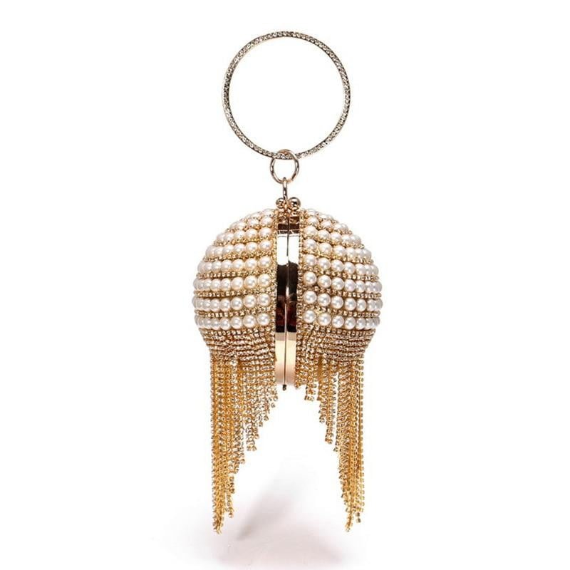 Round Evening Bag Diamonds Pearl Tassel Clutch