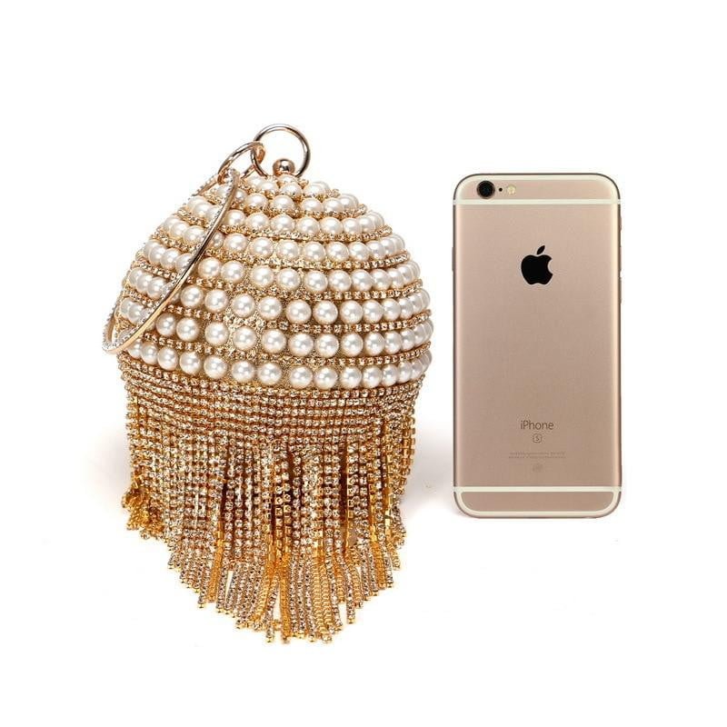 Round Evening Bag Diamonds Pearl Tassel Clutch