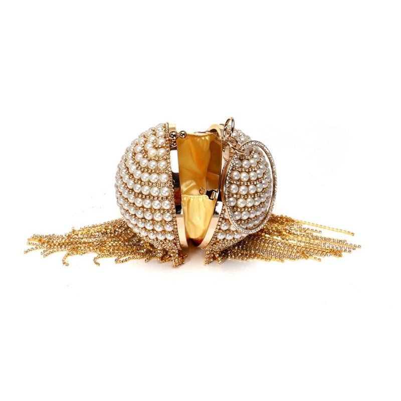 Round Evening Bag Diamonds Pearl Tassel Clutch