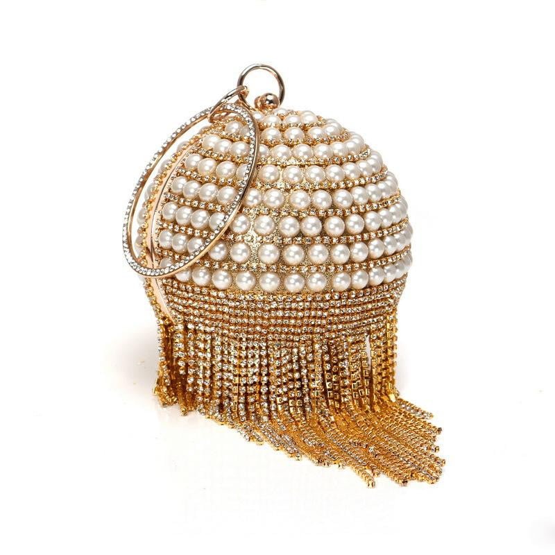 Round Evening Bag Diamonds Pearl Tassel Clutch