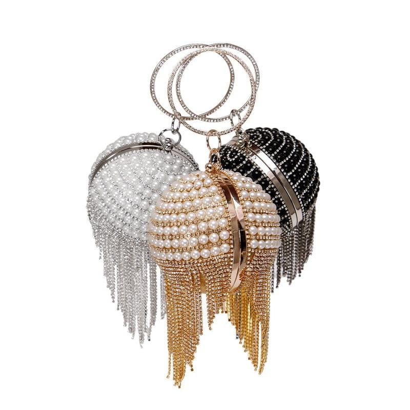 Round Evening Bag Diamonds Pearl Tassel Clutch