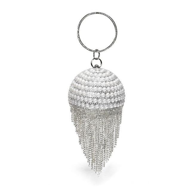 Round Evening Bag Diamonds Pearl Tassel Clutch