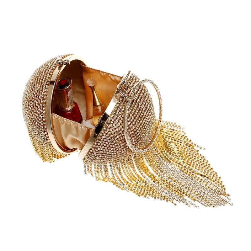 Round Shaped Full Rhinestone Evening Bag with Tassel