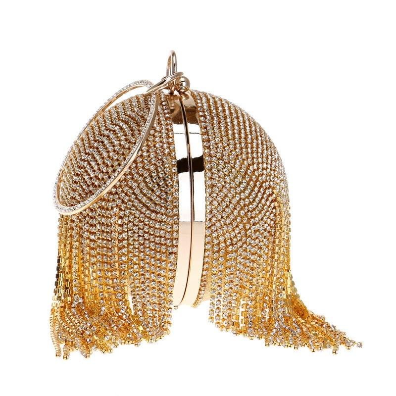 Round Shaped Full Rhinestone Evening Bag with Tassel