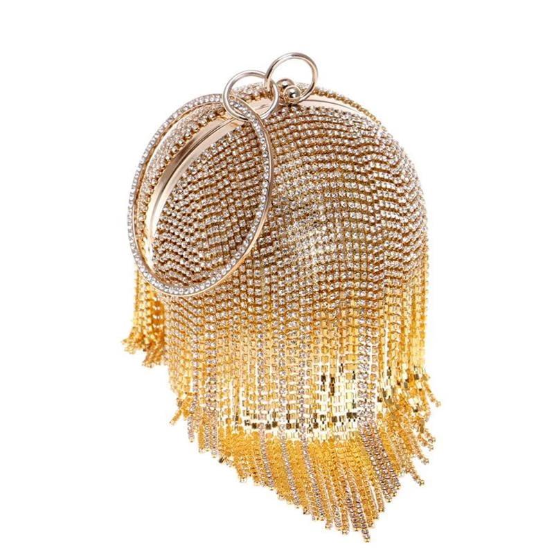 Round Shaped Full Rhinestone Evening Bag with Tassel