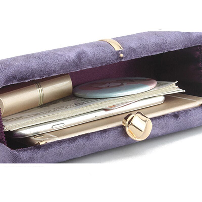 Velour Clutch Bag For Women V Shape Metal