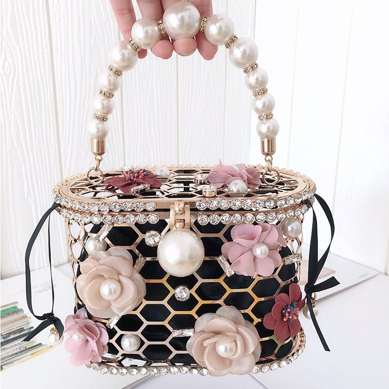 Wedding Clutch Purse Flower Pearl Handbag Rhinestone Bucket Bag
