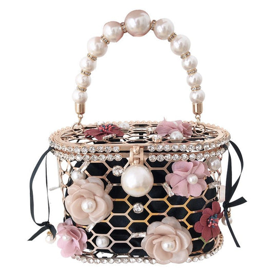 Wedding Clutch Purse Flower Pearl Handbag Rhinestone Bucket Bag