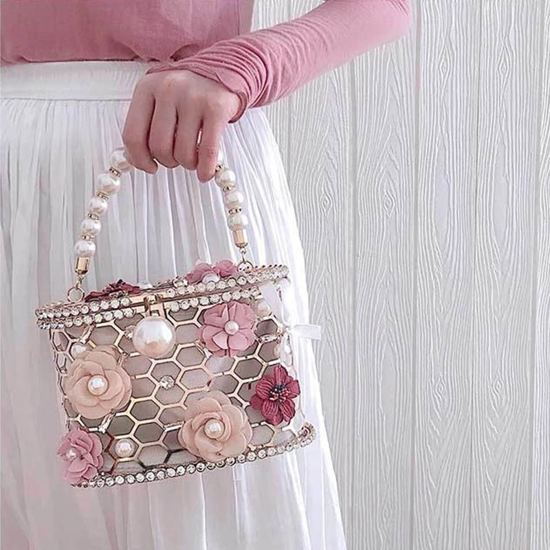 Wedding Clutch Purse Flower Pearl Handbag Rhinestone Bucket Bag