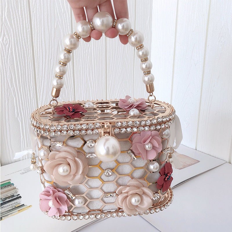 Wedding Clutch Purse Flower Pearl Handbag Rhinestone Bucket Bag