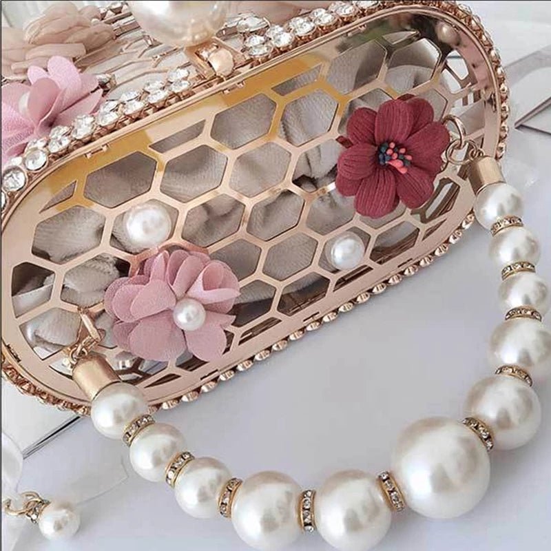Wedding Clutch Purse Flower Pearl Handbag Rhinestone Bucket Bag