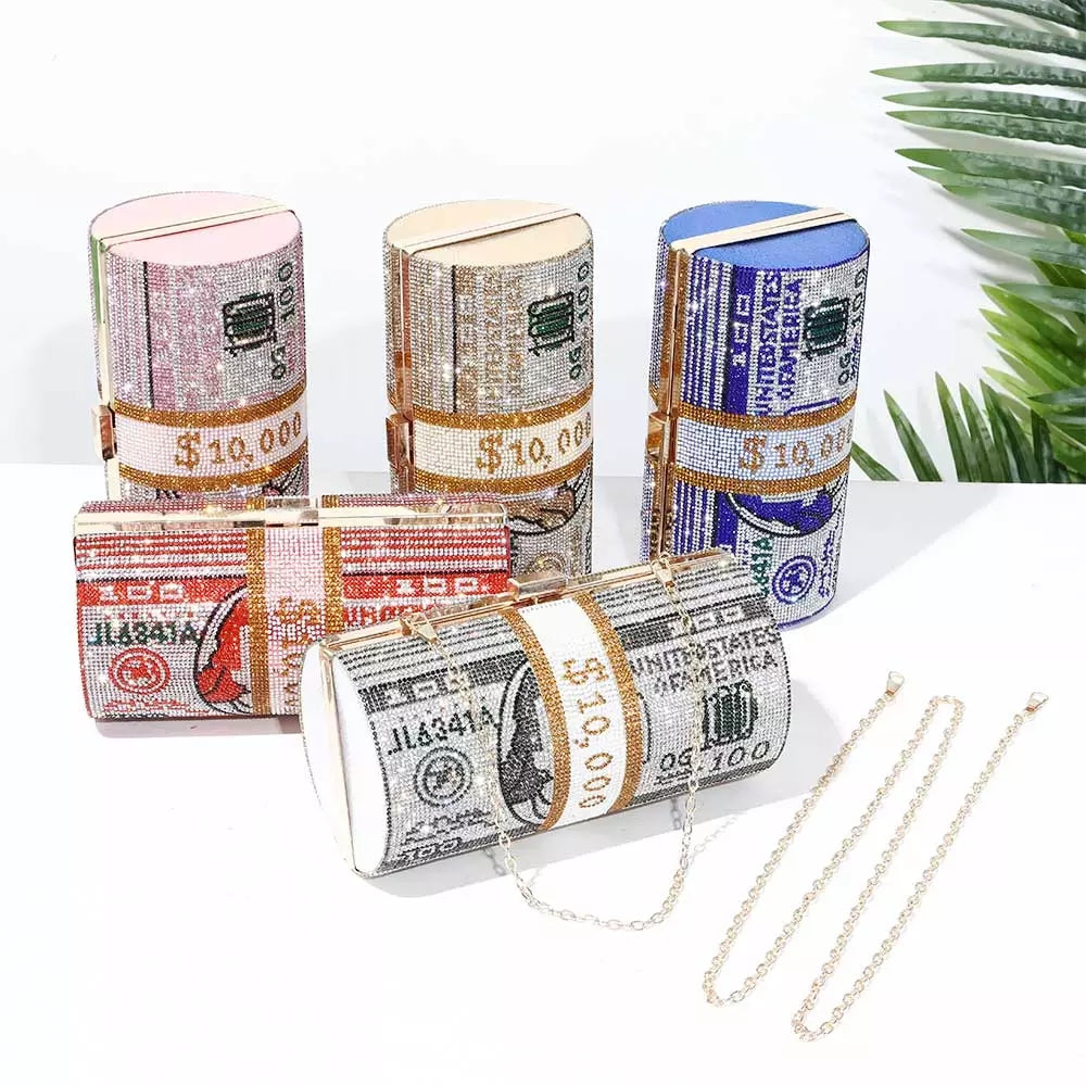 Women Stack of Cash Evening Bag Crystal Rhinestone Clutch