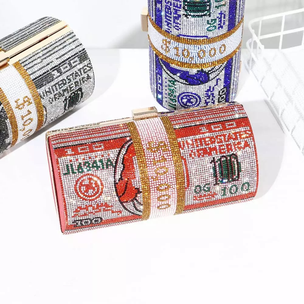 Women Stack of Cash Evening Bag Crystal Rhinestone Clutch