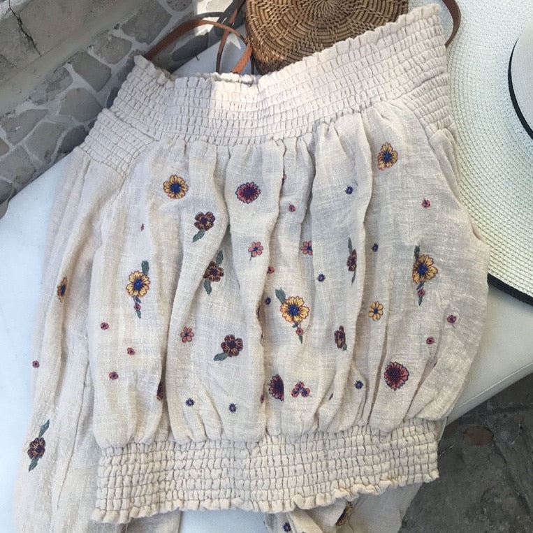 Lyna Floral Embroidery Off the Shoulder Boho Blouse