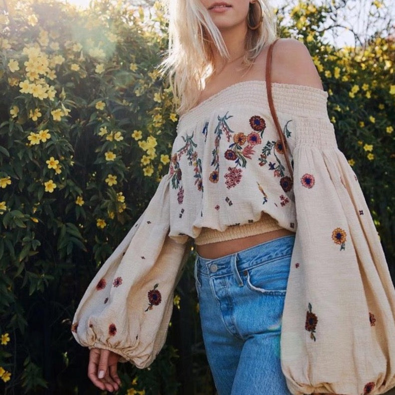 Lyna Floral Embroidery Off the Shoulder Boho Blouse