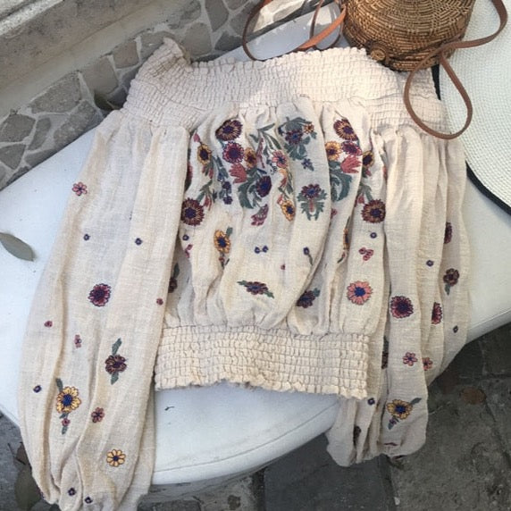 Lyna Floral Embroidery Off the Shoulder Boho Blouse