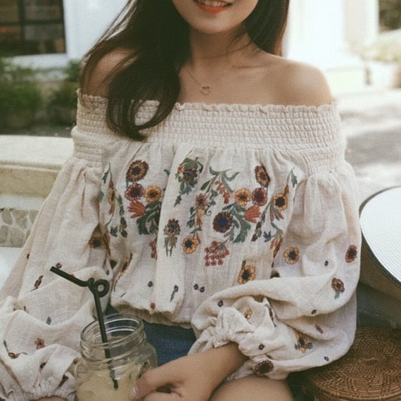 Lyna Floral Embroidery Off the Shoulder Boho Blouse