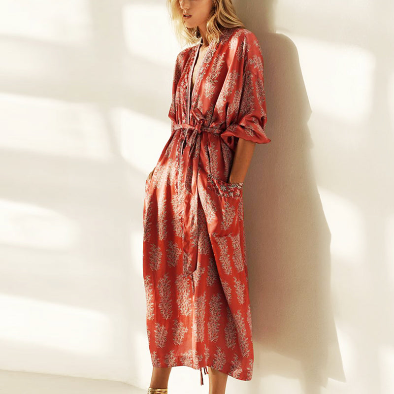 Lynn Floral Kimono Satin Robe Dress