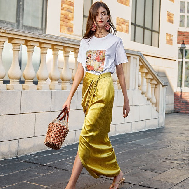 Lyssa Asymmetric Crushed Satin Wrap Skirt