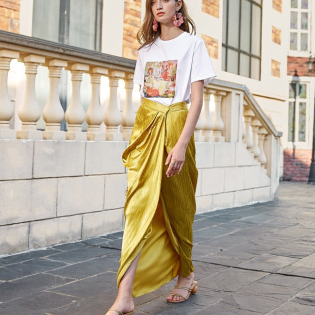 Lyssa Asymmetric Crushed Satin Wrap Skirt