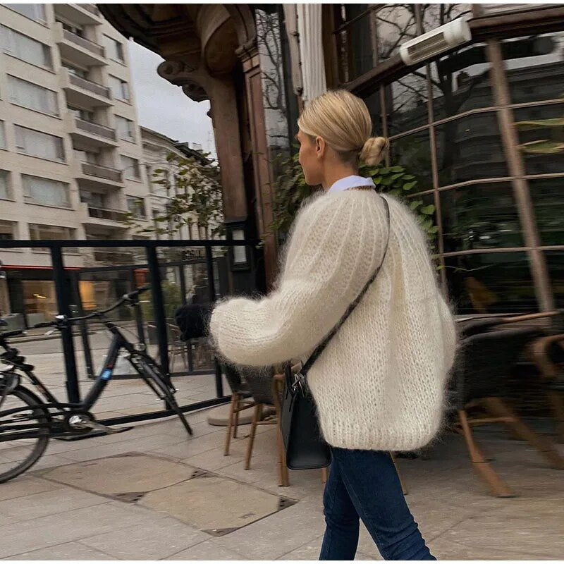 Maat Puff Sleeve Fuzzy Mohair Cardigan