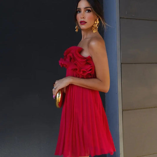 Maija Red Ruffle Strapless Mini Dress