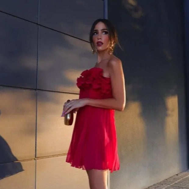 Maija Red Ruffle Strapless Mini Dress