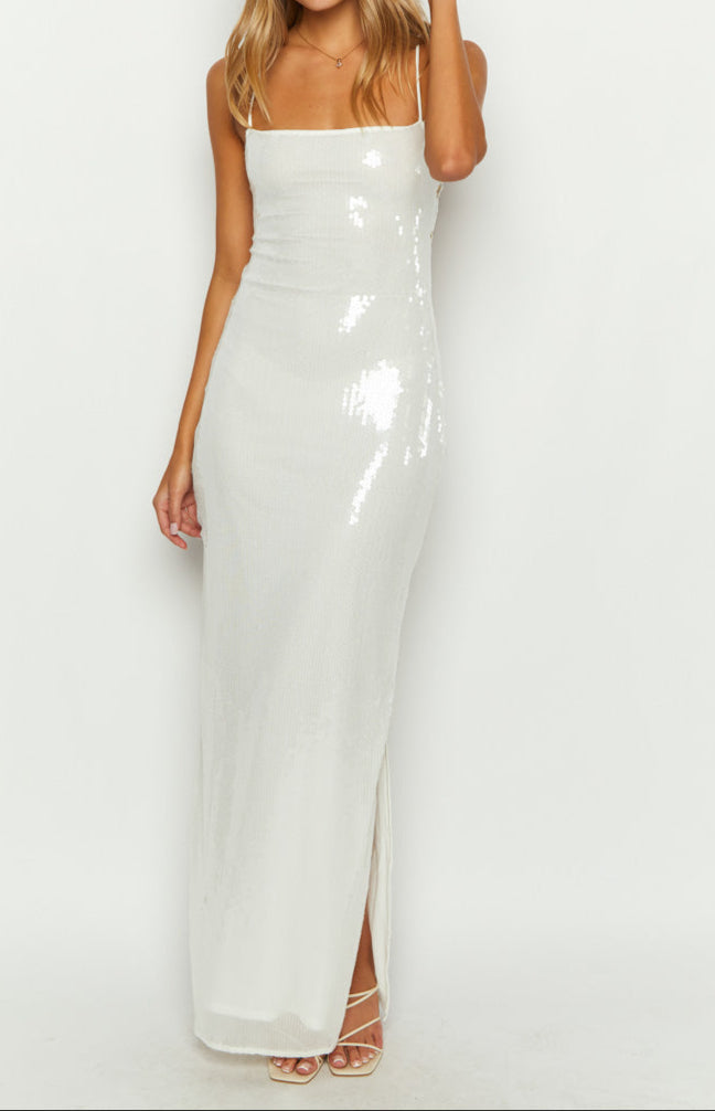 Italia White Sequin Slip Maxi Formal Dress