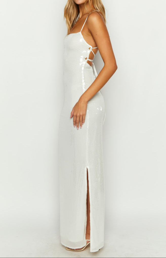 Italia White Sequin Slip Maxi Formal Dress
