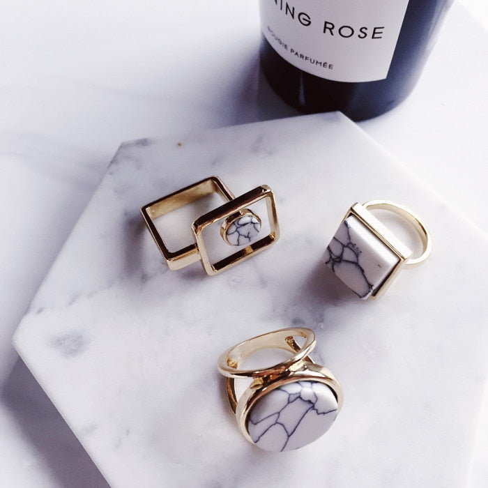Marble Round Square Minimalist Statement Rings