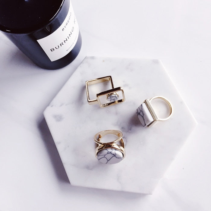 Marble Round Square Minimalist Statement Rings