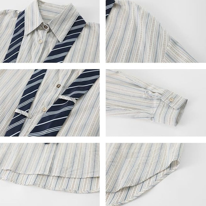 Marithe Striped Shirts with Necktie - 2 Colors
