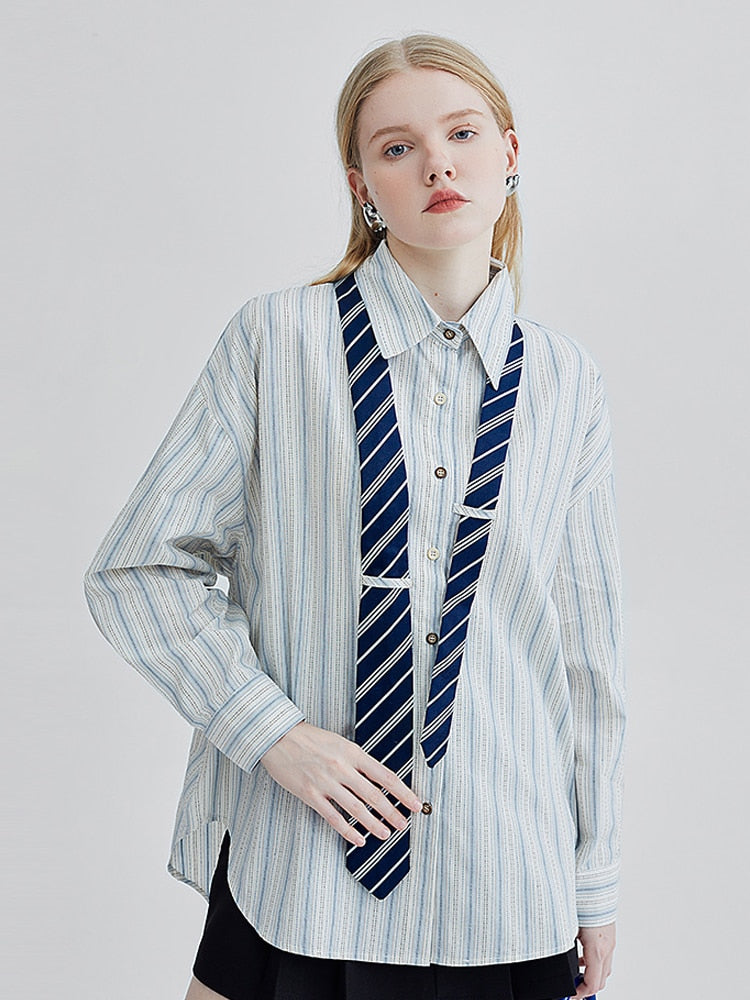 Marithe Striped Shirts with Necktie - 2 Colors