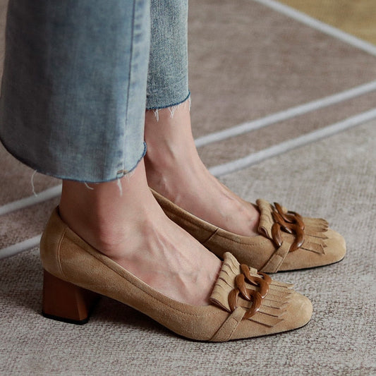Masie Vintage Fringed Buckle Pumps