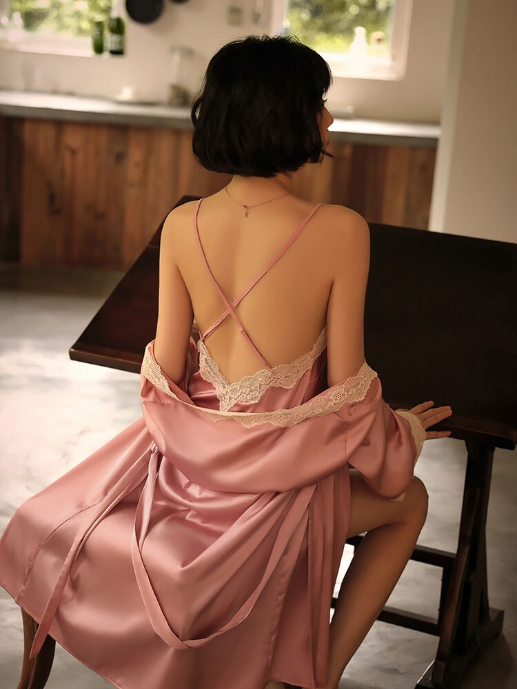 Melani Lace Trim Slip Satin Dress and Gown Set