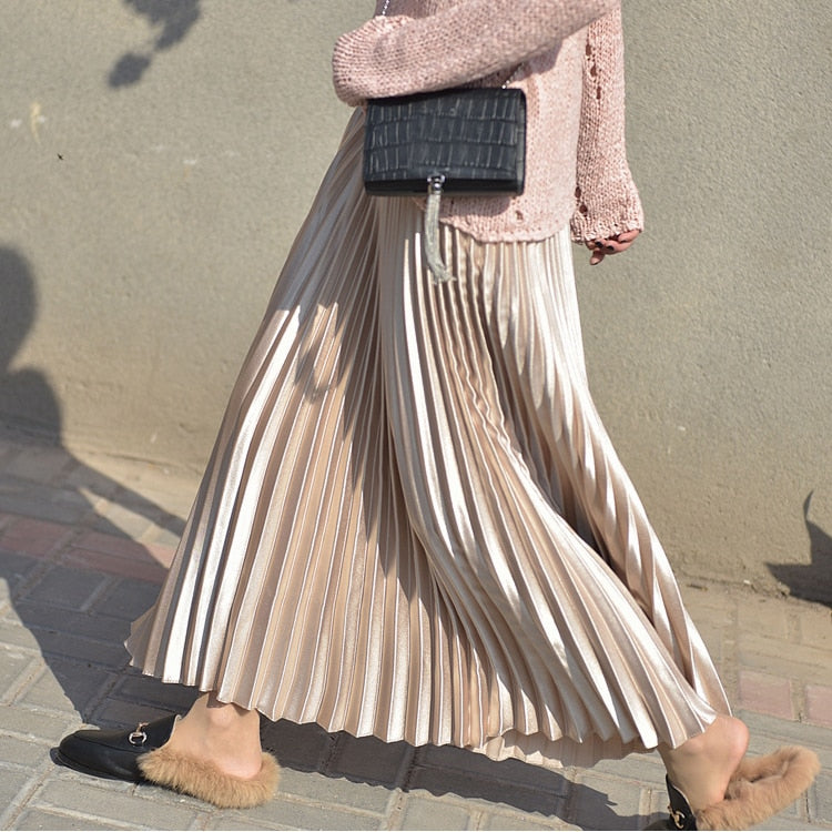 Metallic Pleated Maxi Skirts - 9 Colors