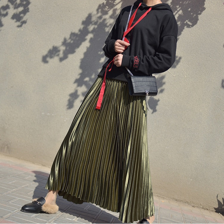 Metallic Pleated Maxi Skirts - 9 Colors