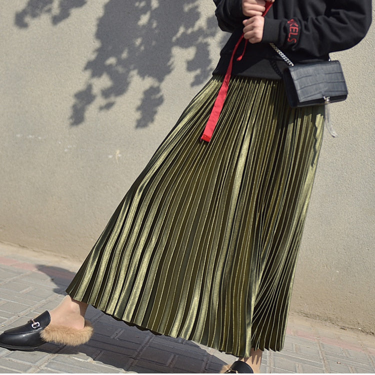 Metallic Pleated Maxi Skirts - 9 Colors