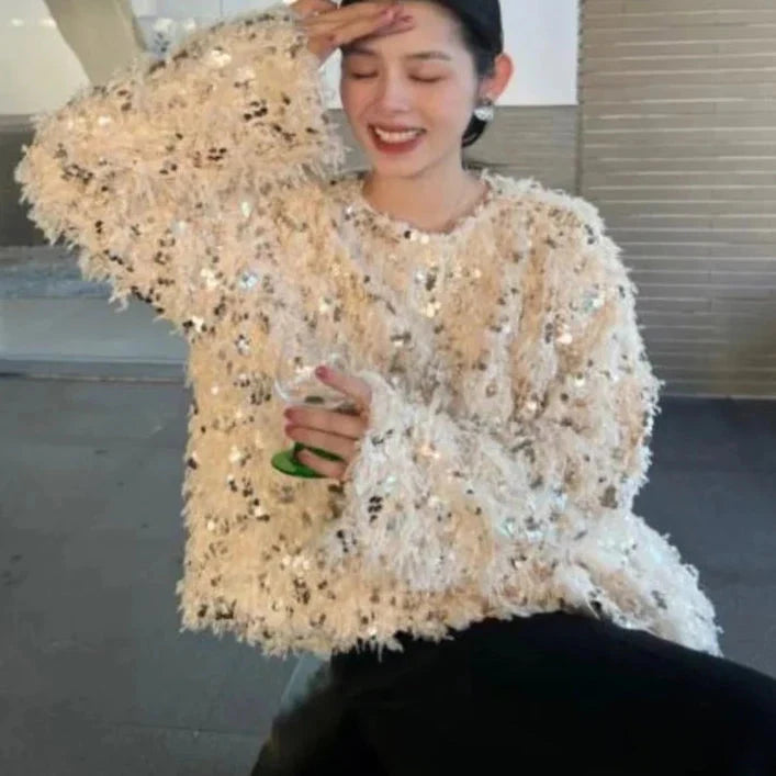 Micaela Sequin Feathery Tassel Sweater