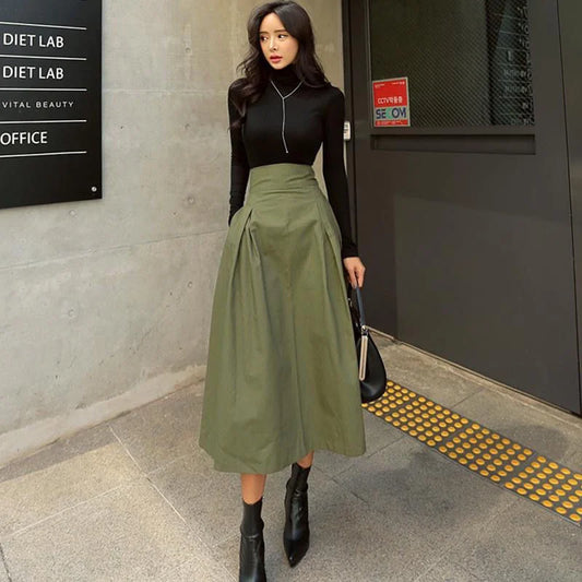 Military Green Solid Elegant High Waist Bow Slim Skirt