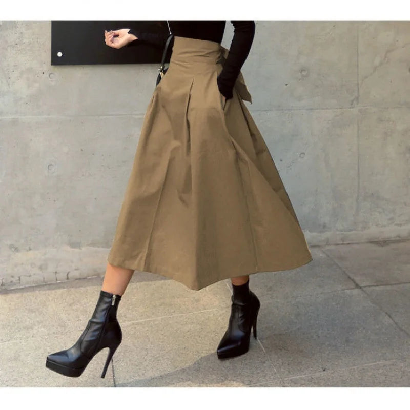 Military Green Solid Elegant High Waist Bow Slim Skirt