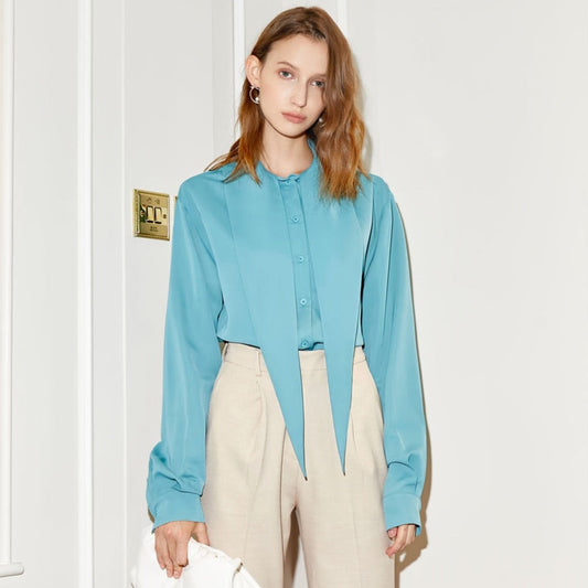 Milla Blue Satin Tux Shirt Blouse