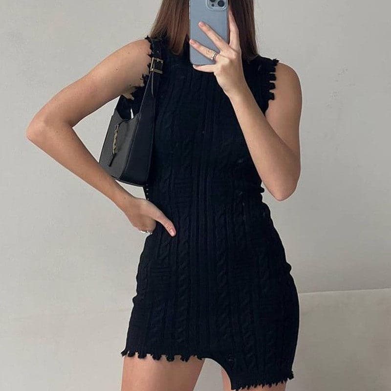 Mini Dress Elegant Solid Black Knit Bodycon Dresses