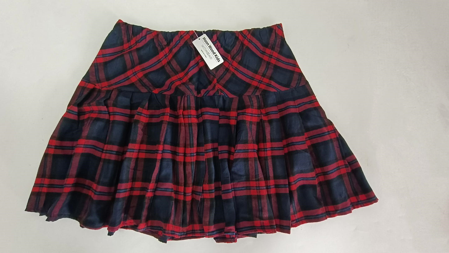 Moon Wood Kids Girls Mini Plaid Skirt- Basic High Waisted Flared Casual Stretchy Pleated Skater Skirts