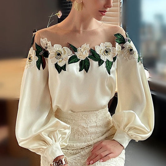 Moria Floral Embroidery Sheer Neck Blouse