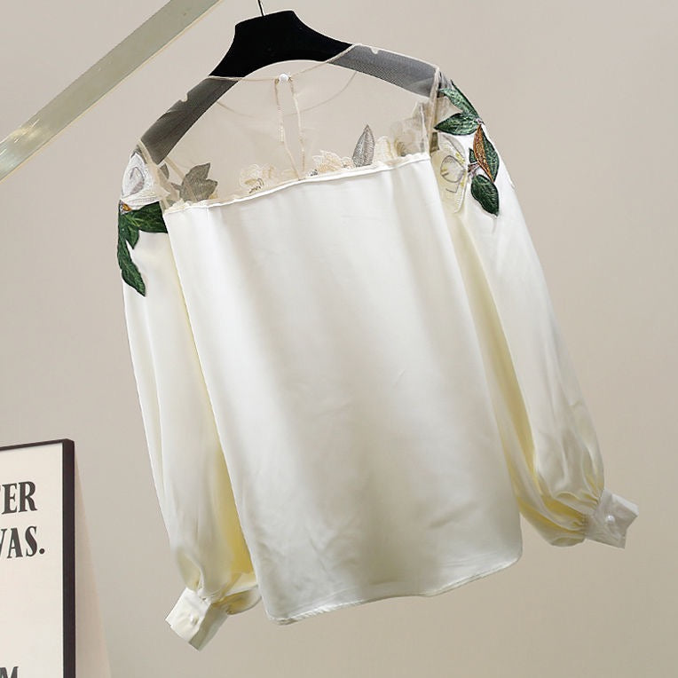 Moria Floral Embroidery Sheer Neck Blouse