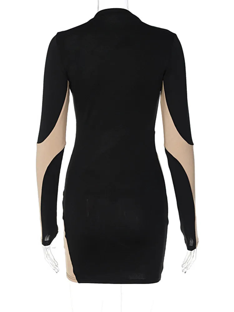 Patchwork Contrast Color O Neck Mini Dress Cut Out Dresses