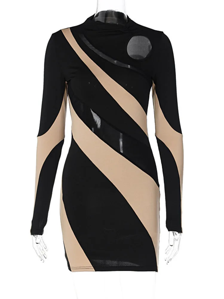 Patchwork Contrast Color O Neck Mini Dress Cut Out Dresses