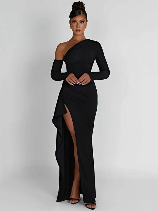 Mozision Oblique Shoulder Thigh High Split Long Sleeve Maxi Dress