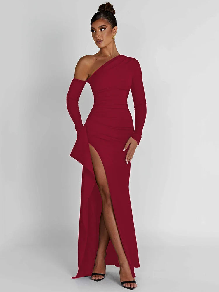 Mozision Oblique Shoulder Thigh High Split Long Sleeve Maxi Dress